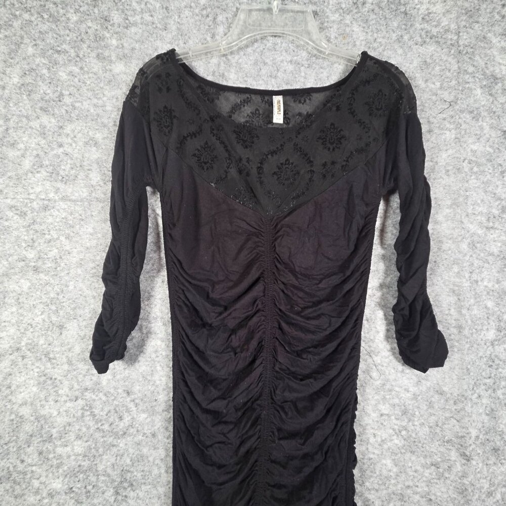 Free People Bodycon Dress Long Sleeve Mini  Rouching Mesh Detail Black Size S - Picture 2 of 8